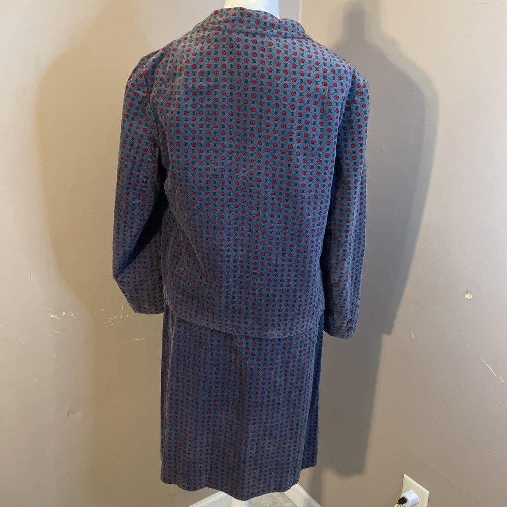1970s 70's Ditsy Floral Velour 3 Button Jacket & Pencil Skirt Lined Set Sz S - Picture 5 of 11